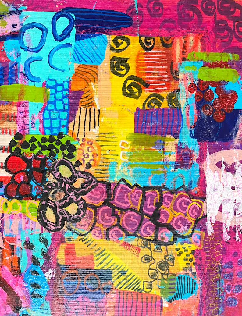 Modern Sprookje, Mixed Media Abstract on Wood, Vibrant Color Wall Art, Whimsical Abstraction, Original Painting, Doodling Art image 6