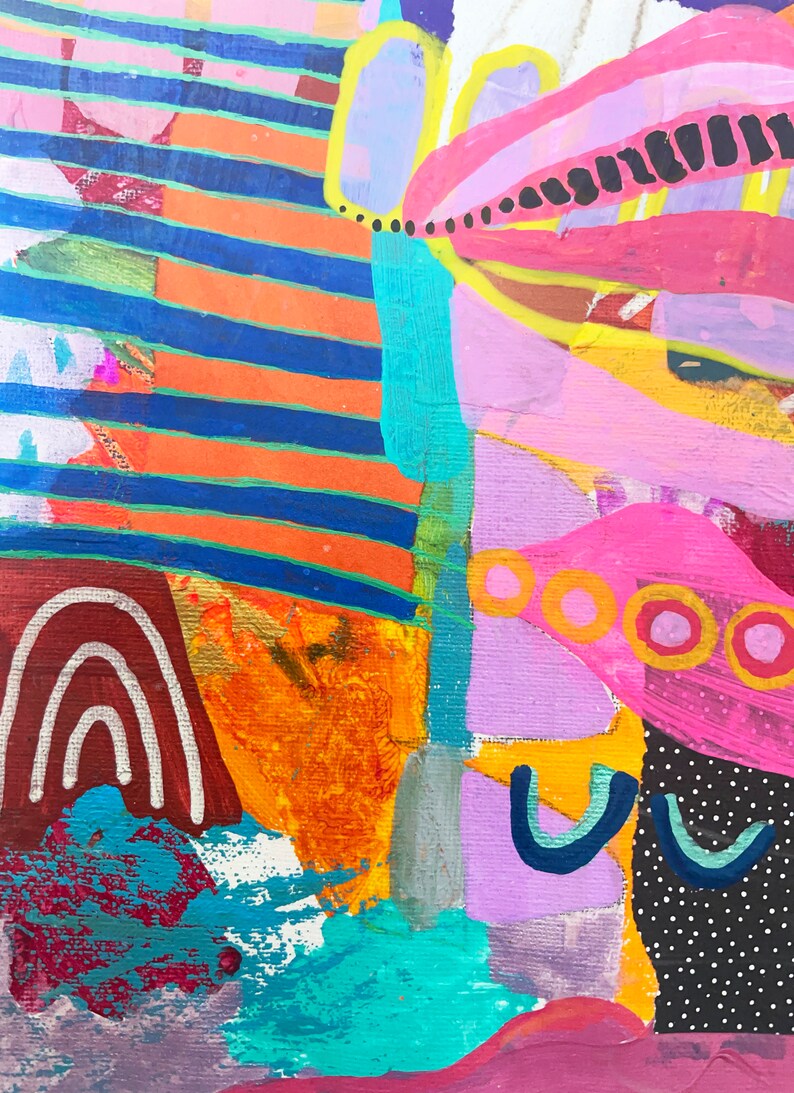 K&ouml;nnte beinhalten: Abstraktes Gem&auml;lde mit leuchtenden Farben und geometrischen Formen. Das Gem&auml;lde zeigt einen Regenbogen, Streifen, Kreise und Punkte. Die Farben umfassen Pink, Blau, Gelb, Orange und Gr&uuml;n.