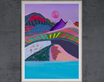 May include: A colorful abstract painting of a landscape with mountains, a lake, and a large pink moon in the sky. The mountains are painted in shades of purple, pink, green, and blue. The lake is a bright turquoise blue. The moon is a large, round pink circle.