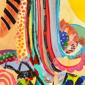 May include: Abstract painting with bold, colourful lines and shapes. The painting features a mix of bright colours, including red, yellow, blue, green, and pink. The lines are thick and expressive, creating a sense of movement and energy. The shapes are geometric and organic, adding to the abstract nature of the piece.