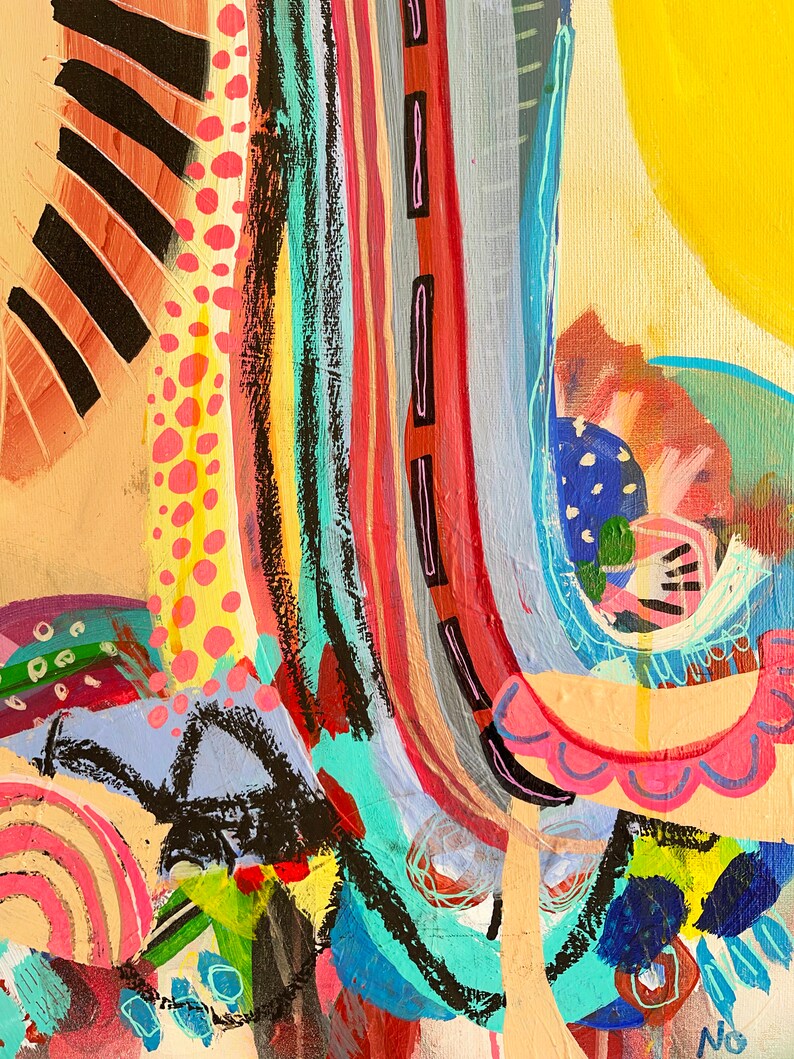 May include: Abstract painting with bold, colourful lines and shapes. The painting features a mix of bright colours, including red, yellow, blue, green, and pink. The lines are thick and expressive, creating a sense of movement and energy. The shapes are geometric and organic, adding to the abstract nature of the piece.
