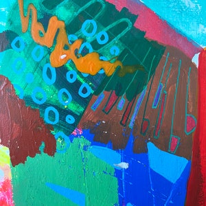 May include: Abstract painting with a mix of blue, green, orange, red, and brown paint. The painting features a variety of shapes and lines, including circles, stripes, and swirls.