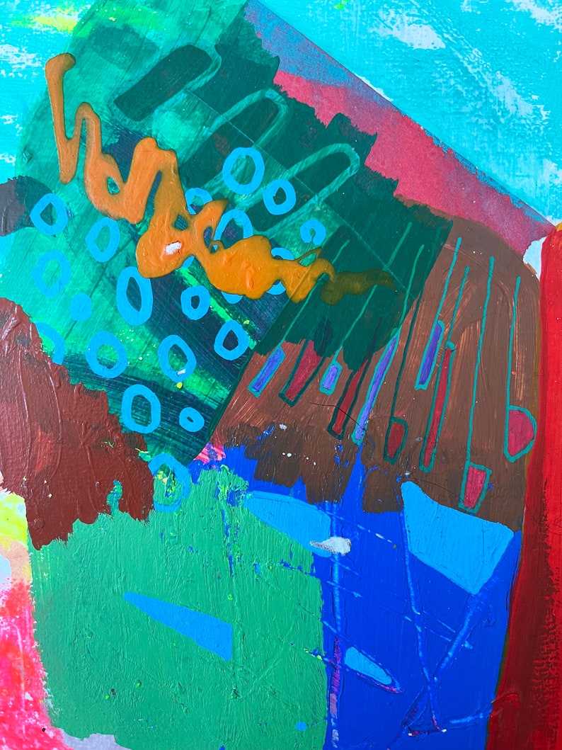 May include: Abstract painting with a mix of blue, green, orange, red, and brown paint. The painting features a variety of shapes and lines, including circles, stripes, and swirls.