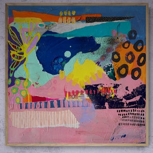 Cat Collaboration, Mixed Media Collage Artwork, Abstract Expressionist Painting, Colorful Artwork on Canvas,