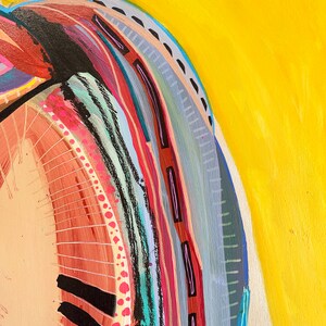 May include: Abstract painting with a bright yellow background and a curved, multi-coloured design. The design features a variety of colours, including red, blue, green, and black.