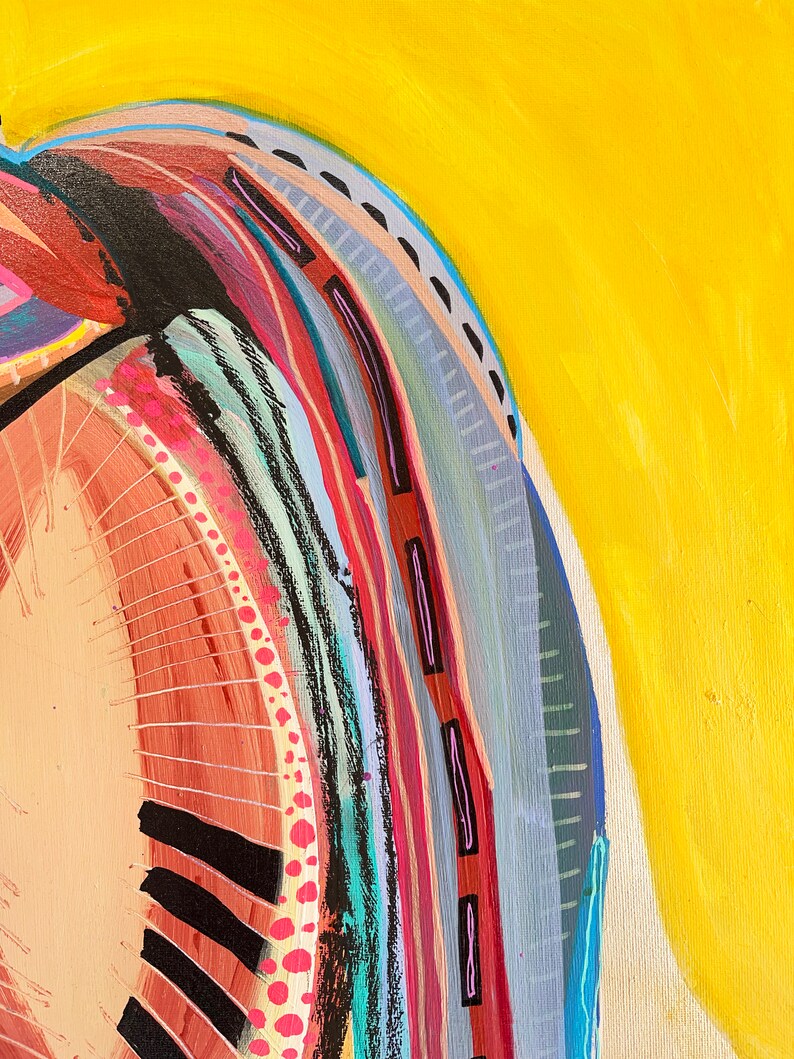 May include: Abstract painting with a bright yellow background and a curved, multi-coloured design. The design features a variety of colours, including red, blue, green, and black.