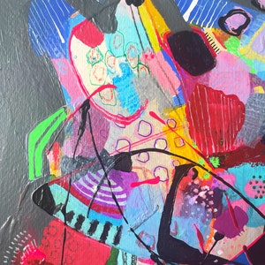 May include: Abstract painting with bold, colourful shapes and lines. The painting features a mix of bright colours, including pink, red, blue, green, yellow, and black. The shapes are geometric and organic, creating a dynamic and energetic composition.
