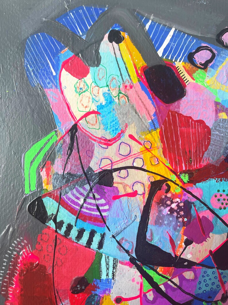 May include: Abstract painting with bold, colourful shapes and lines. The painting features a mix of bright colours, including pink, red, blue, green, yellow, and black. The shapes are geometric and organic, creating a dynamic and energetic composition.