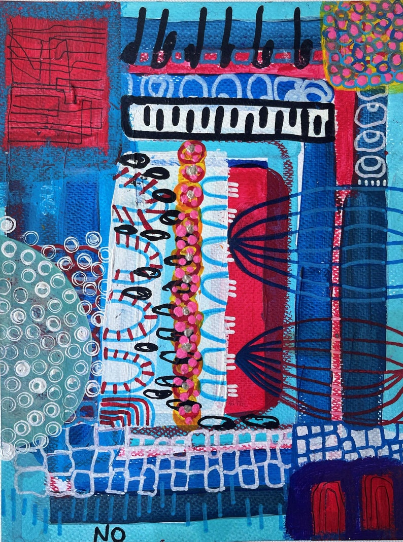 May include: Abstract painting with a mix of blue, red, white, and black paint. The painting features geometric shapes, lines, and dots. The word "NO" is written in white paint at the bottom of the painting.