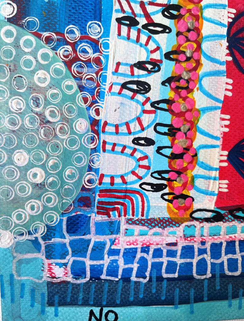 May include: Abstract painting with a mix of blue, red, white, and black paint. The painting features a variety of shapes and patterns, including circles, lines, and dots.