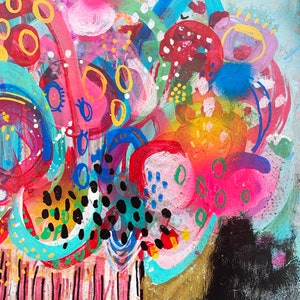 Puede incluir: Pintura abstracta con un dise&ntilde;o colorido y en espiral. La pintura presenta una variedad de formas y colores, incluyendo rosa, azul, amarillo, verde y rojo. La pintura est&aacute; realizada en un estilo suelto y expresivo.