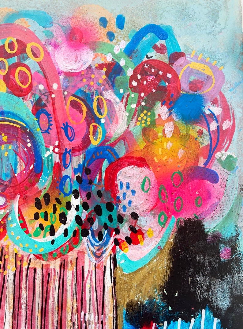 Puede incluir: Pintura abstracta con un dise&ntilde;o colorido y en espiral. La pintura presenta una variedad de formas y colores, incluyendo rosa, azul, amarillo, verde y rojo. La pintura est&aacute; realizada en un estilo suelto y expresivo.