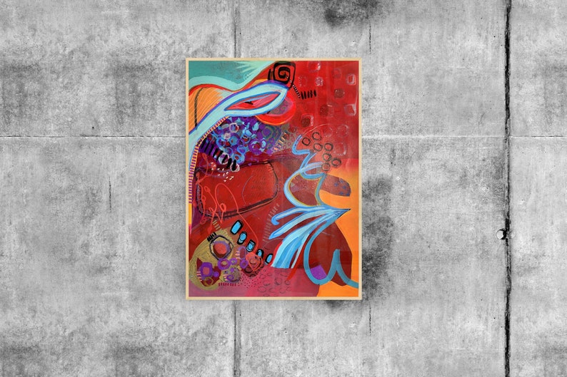 May include: Abstract painting with a red, orange, blue, and purple colour scheme. The painting features swirling lines, dots, and geometric shapes.