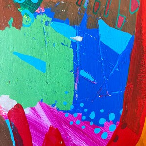 May include: Abstract painting with bold strokes of red, blue, green, and pink. The painting features a variety of shapes and textures, including circles, lines, and dots.