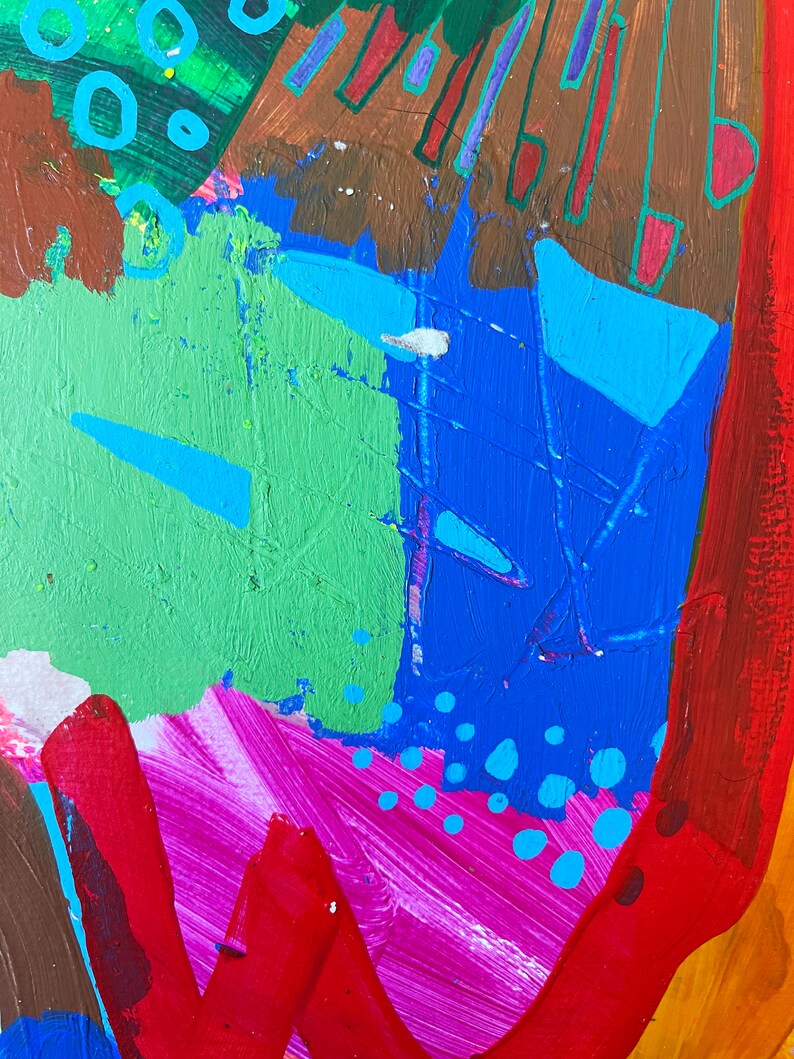 May include: Abstract painting with bold strokes of red, blue, green, and pink. The painting features a variety of shapes and textures, including circles, lines, and dots.