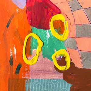 Peut inclure: Peinture abstraite avec un m&eacute;lange de couleurs vives, notamment orange, rouge, vert, jaune et violet. La peinture pr&eacute;sente des formes g&eacute;om&eacute;triques et des motifs, notamment des cercles, des carr&eacute;s et des rayures.
