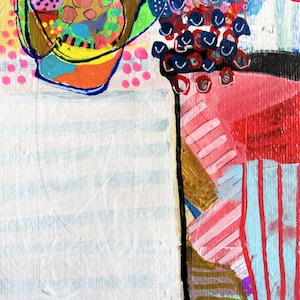 May include: Abstract painting with a white background and colourful shapes. The shapes are made of different colours, including red, blue, green, yellow, and pink. The painting has a modern and abstract style.