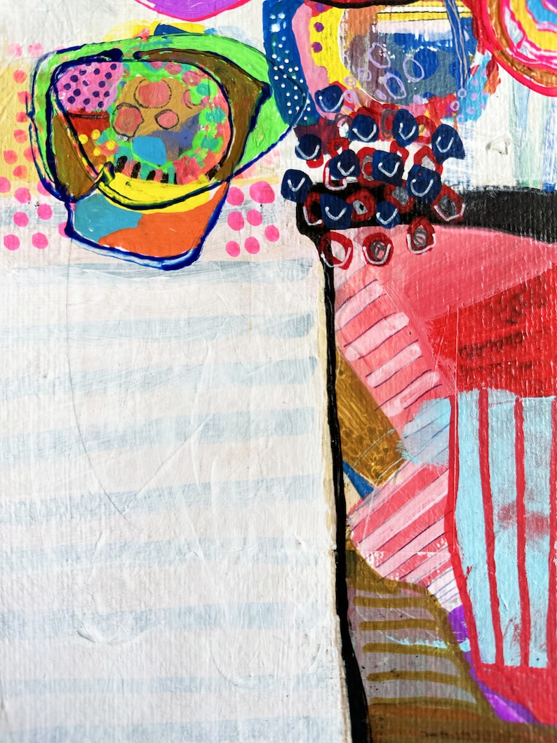 May include: Abstract painting with a white background and colourful shapes. The shapes are made of different colours, including red, blue, green, yellow, and pink. The painting has a modern and abstract style.