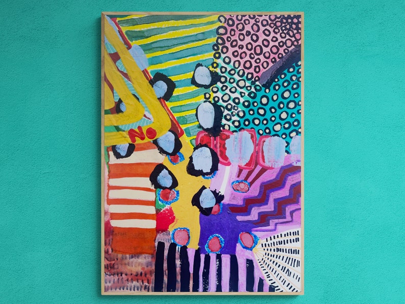 May include: Abstract painting with a mix of bright colors, including yellow, green, pink, purple, and blue. The painting features geometric shapes, stripes, and polka dots. The word "NO" is written in red on the painting.