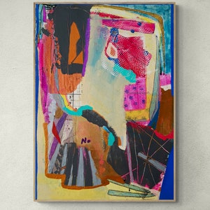 Arte da parete con collage multimediale misto su carta, diario d'arte, pittura astratta colorata, piccole opere d'arte, arte intuitiva, pittura espressionista