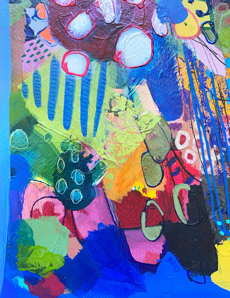 May include: Abstract painting featuring a vibrant mix of colours, including blue, green, yellow, red, and pink. The painting incorporates a variety of shapes and textures, creating a dynamic and energetic composition.