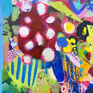 May include: An abstract painting with a colourful and textured style. The painting features a variety of shapes and colours, including red, blue, green, yellow, and white. The painting is done in a loose and expressive style, with a focus on texture and movement.