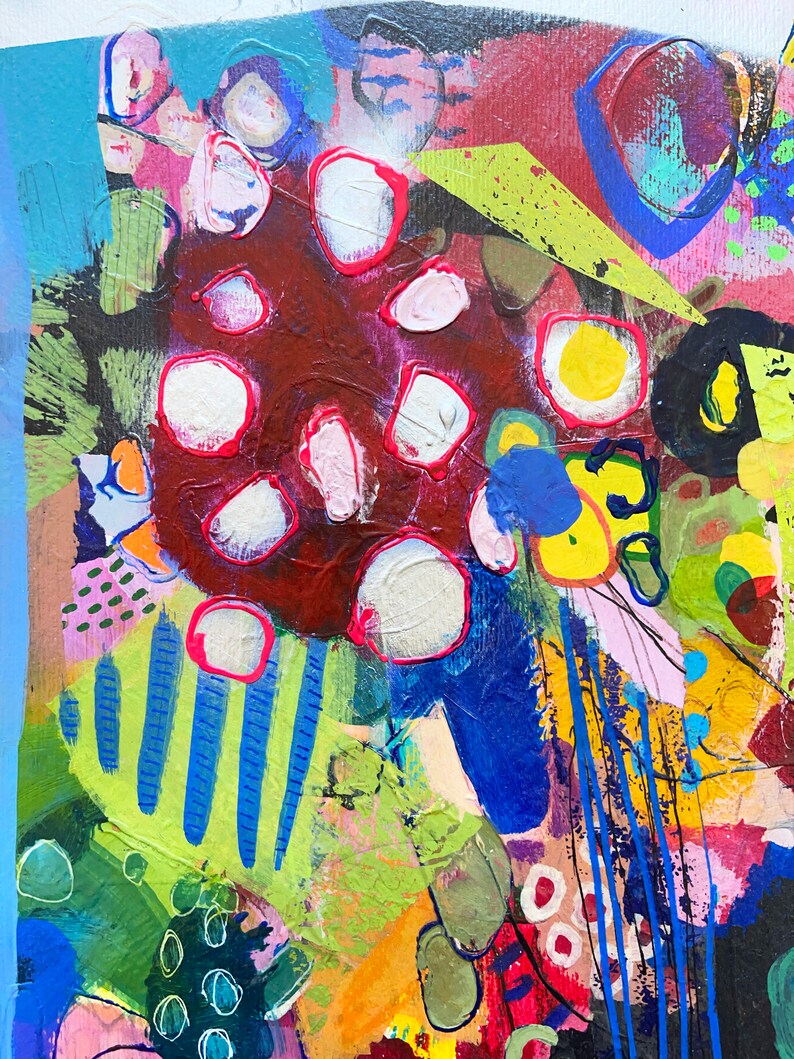 May include: An abstract painting with a colourful and textured style. The painting features a variety of shapes and colours, including red, blue, green, yellow, and white. The painting is done in a loose and expressive style, with a focus on texture and movement.