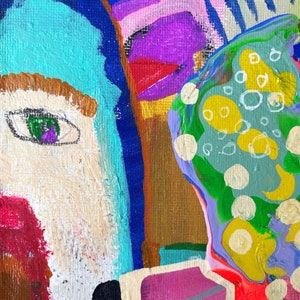 Puede incluir: Pintura abstracta con un esquema de color azul, verde y amarillo. La pintura presenta una cara con un ojo grande y un remolino de colores en el fondo.