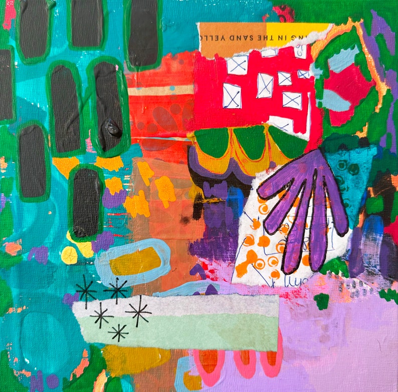 Mini Canvas Art, Original Mixed Media Abstract Collage on Board Canvas, Colorful Abstract Art, Intuitive Expressionism, Modern Painting image 2