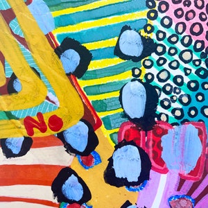 May include: Abstract painting with a yellow, red, and blue color scheme. The painting features a variety of geometric shapes and patterns, including stripes, dots, and triangles. The word "NO" is written in red letters on the painting.