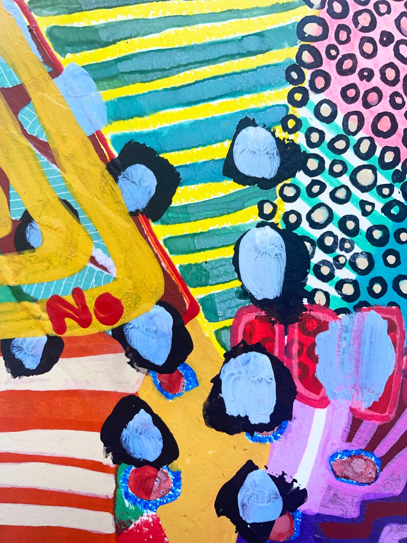 May include: Abstract painting with a yellow, red, and blue color scheme. The painting features a variety of geometric shapes and patterns, including stripes, dots, and triangles. The word "NO" is written in red letters on the painting.