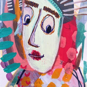 Op de afbeelding: Een kleurrijk abstract schilderij van een gezicht met groene, roze, oranje en bruine accenten. Het gezicht heeft grote ogen en een roze mond.