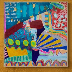 May include: Abstract painting on canvas with a colorful, layered design. The painting features a variety of shapes, lines, and textures, including stars, circles, stripes, and swirls. The colors used are bright and vibrant, including blue, green, yellow, red, and pink.