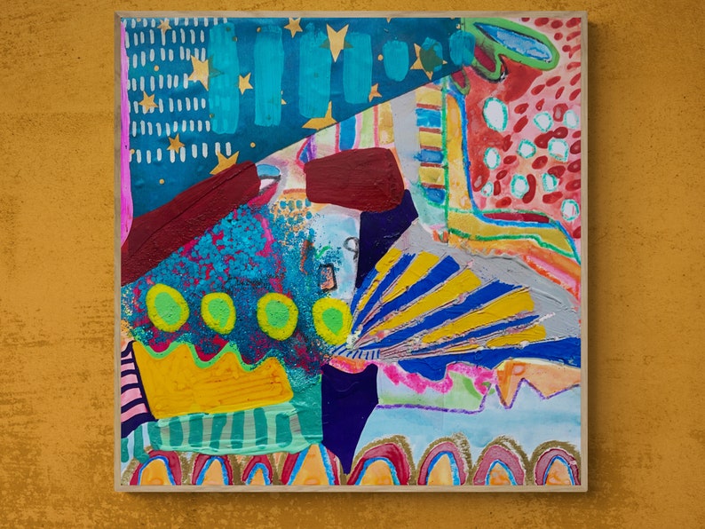 May include: Abstract painting on canvas with a colorful, layered design. The painting features a variety of shapes, lines, and textures, including stars, circles, stripes, and swirls. The colors used are bright and vibrant, including blue, green, yellow, red, and pink.