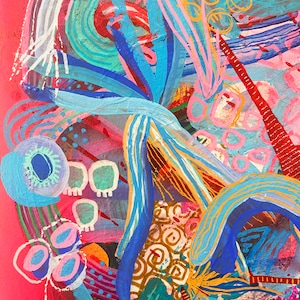 May include: Abstract painting with a vibrant pink background and colorful swirls, lines, and shapes in blue, green, yellow, and white.
