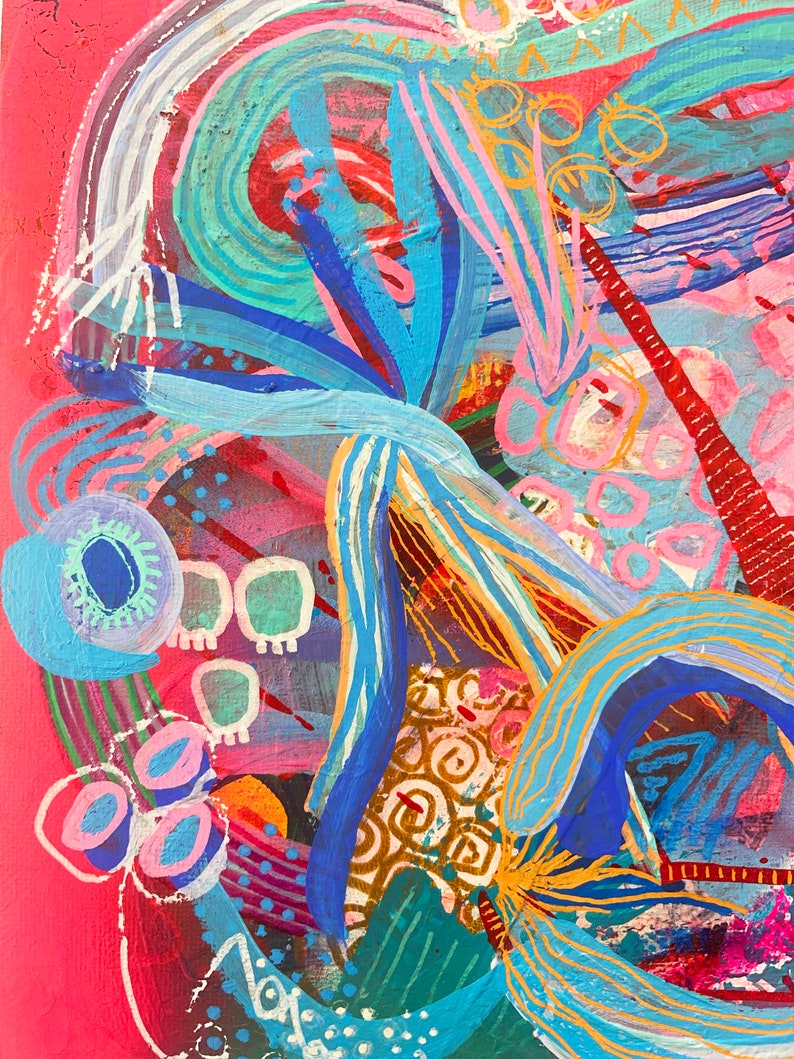May include: Abstract painting with a vibrant pink background and colorful swirls, lines, and shapes in blue, green, yellow, and white.