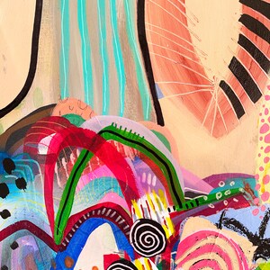 May include: Abstract painting with a colourful, layered design. The painting features swirls, stripes, and curved lines in shades of red, blue, green, yellow, pink, and black.