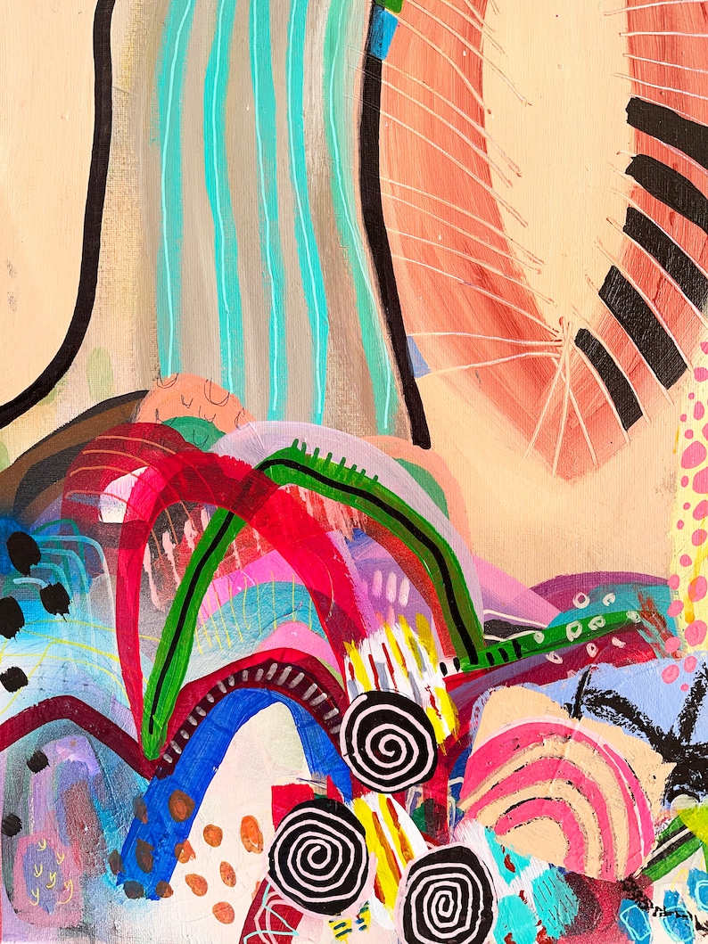 May include: Abstract painting with a colourful, layered design. The painting features swirls, stripes, and curved lines in shades of red, blue, green, yellow, pink, and black.
