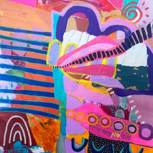 K&ouml;nnte beinhalten: Abstraktes Gem&auml;lde mit leuchtenden Farben, darunter Pink, Gelb, Blau und Lila. Das Gem&auml;lde zeigt geometrische Formen und Linien sowie ein schwarz-wei&szlig;es Muster mit wei&szlig;en Punkten.