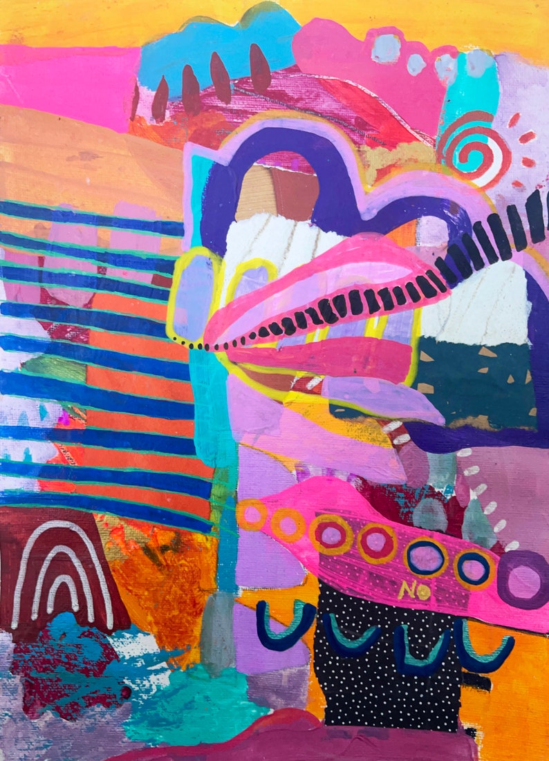 K&ouml;nnte beinhalten: Abstraktes Gem&auml;lde mit leuchtenden Farben, darunter Pink, Gelb, Blau und Lila. Das Gem&auml;lde zeigt geometrische Formen und Linien sowie ein schwarz-wei&szlig;es Muster mit wei&szlig;en Punkten.