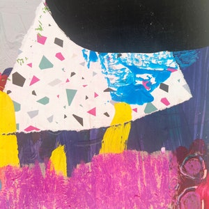 May include: An abstract painting featuring a large black curved shape at the top, a white section with scattered pink, teal, and grey geometric triangles, bright yellow vertical brushstrokes, deep blue areas, and textured magenta paint.