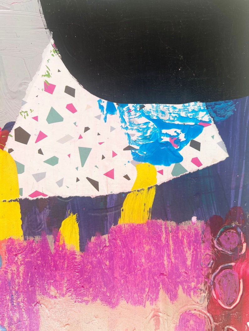 May include: An abstract painting featuring a large black curved shape at the top, a white section with scattered pink, teal, and grey geometric triangles, bright yellow vertical brushstrokes, deep blue areas, and textured magenta paint.