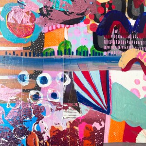 Puede incluir: Pintura abstracta con una mezcla de colores y texturas, incluyendo rosa, azul, verde, naranja y negro. La pintura presenta formas geom&eacute;tricas, c&iacute;rculos y l&iacute;neas.