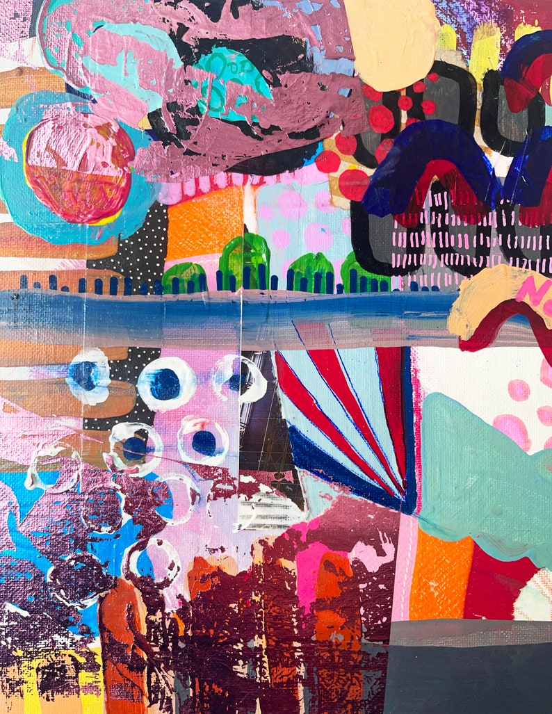 Puede incluir: Pintura abstracta con una mezcla de colores y texturas, incluyendo rosa, azul, verde, naranja y negro. La pintura presenta formas geom&eacute;tricas, c&iacute;rculos y l&iacute;neas.