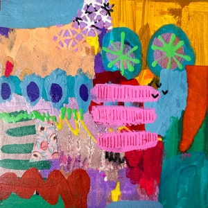May include: Abstract painting with a mix of colors including pink, blue, green, yellow, orange, and red. The painting features a variety of shapes and textures, including circles, stripes, and swirls.