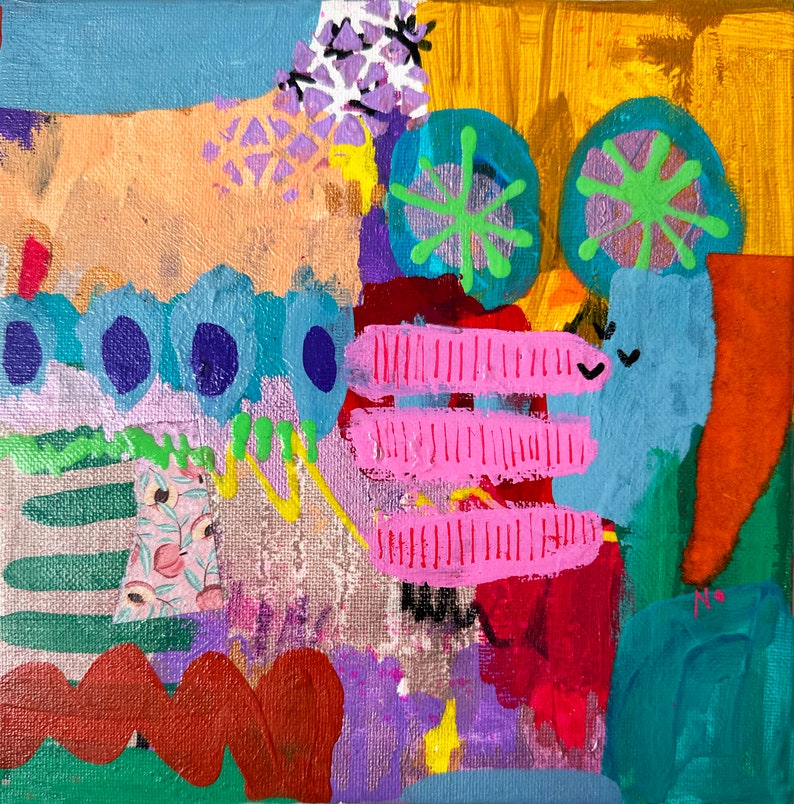 May include: Abstract painting with a mix of colors including pink, blue, green, yellow, orange, and red. The painting features a variety of shapes and textures, including circles, stripes, and swirls.