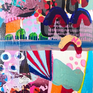 Puede incluir: Pintura abstracta con una mezcla de colores y texturas, incluyendo rojo, azul, verde, amarillo y rosa. La pintura presenta formas geom&eacute;tricas, l&iacute;neas y puntos.