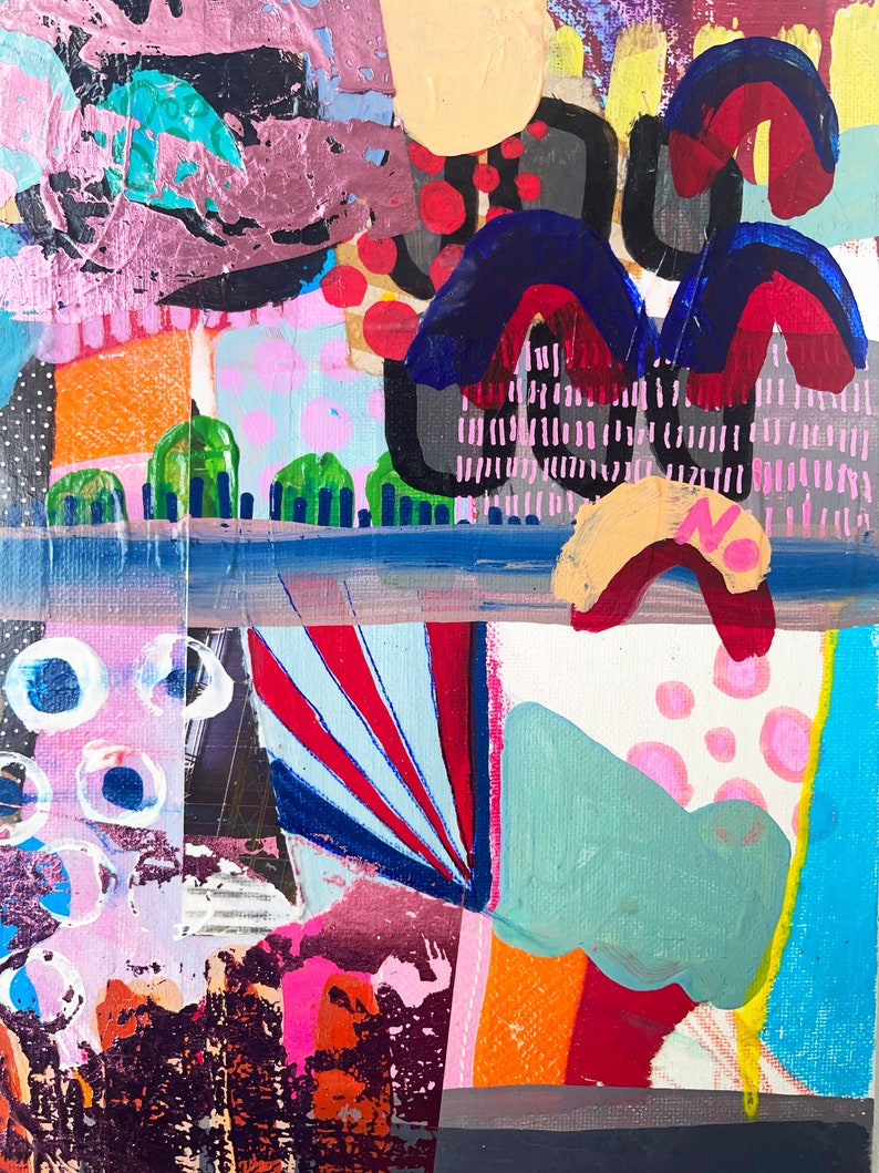 Puede incluir: Pintura abstracta con una mezcla de colores y texturas, incluyendo rojo, azul, verde, amarillo y rosa. La pintura presenta formas geom&eacute;tricas, l&iacute;neas y puntos.