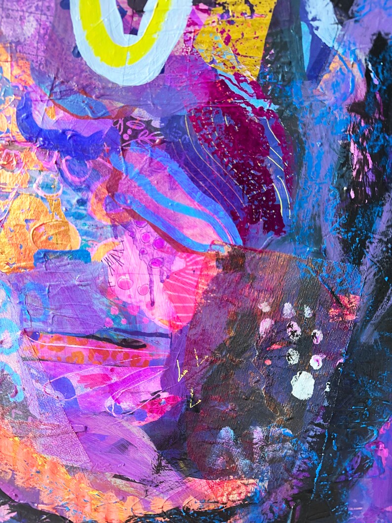 May include: Abstract painting featuring vibrant colours, including purple, pink, blue, and gold. The painting incorporates a variety of textures and shapes, creating a dynamic and energetic composition.