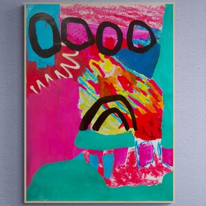May include: Abstract painting featuring vibrant colours, including pink, blue, yellow, and black. The artwork incorporates a range of shapes and lines, such as circles, squiggles, and a curved line.